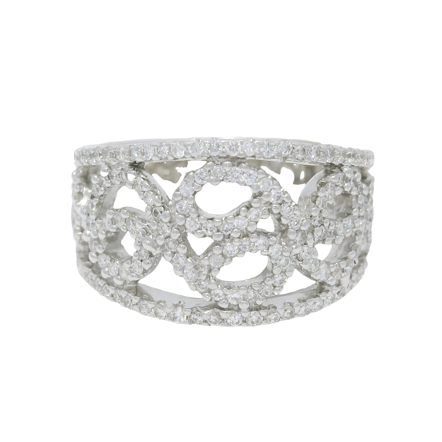 18K White Gold Natural Round Diamond Open Work Swirl Ring
