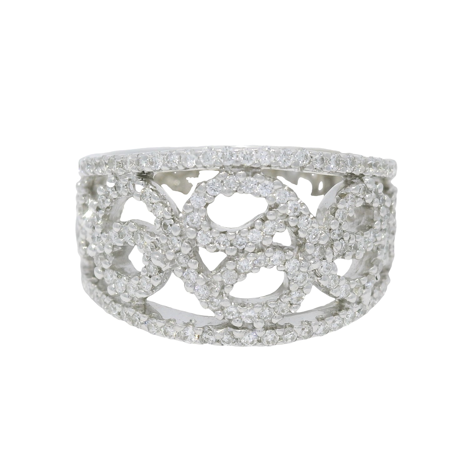 18K White Gold Natural Round Diamond Open Work Swirl Ring