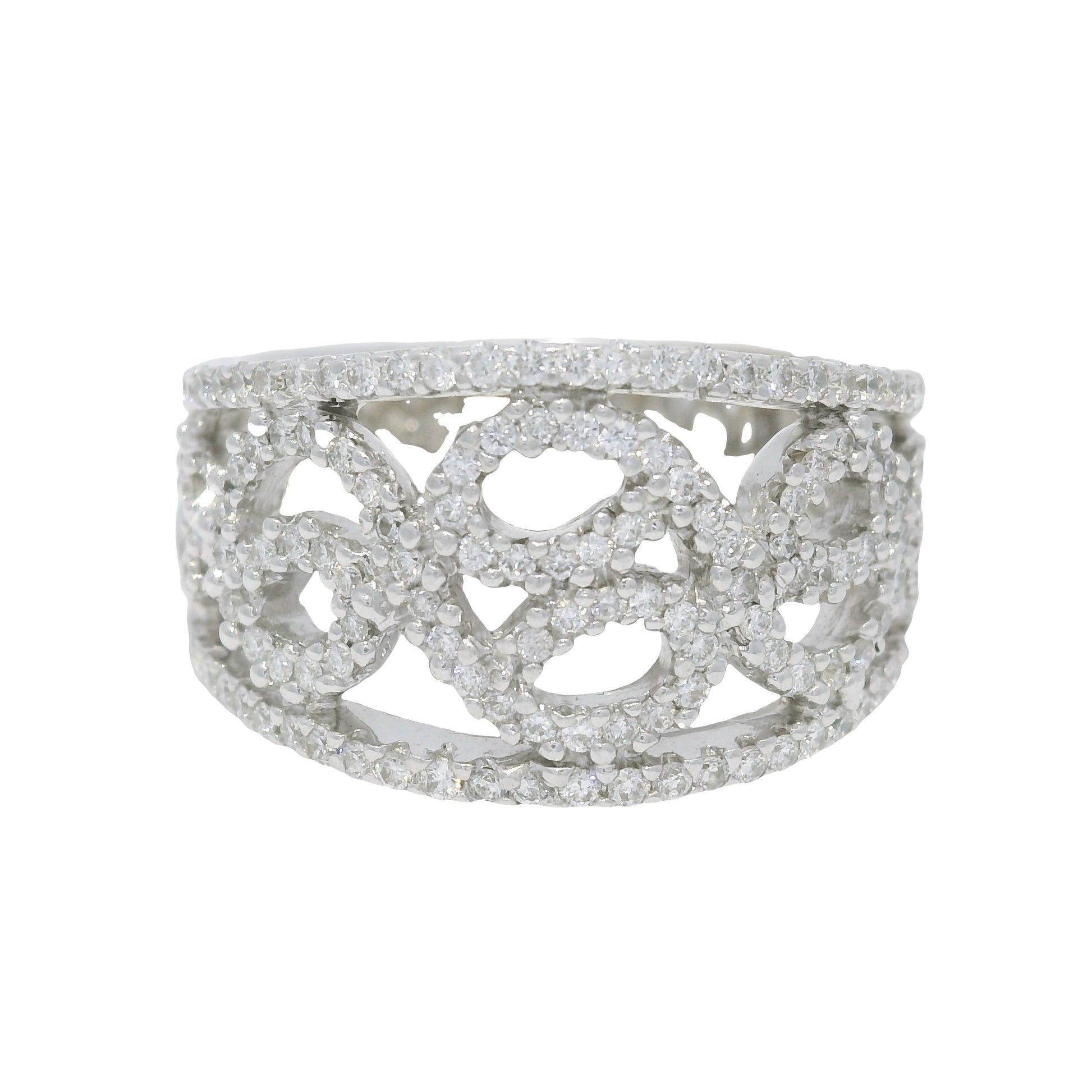 18K White Gold Natural Round Diamond Open Work Swirl Ring
