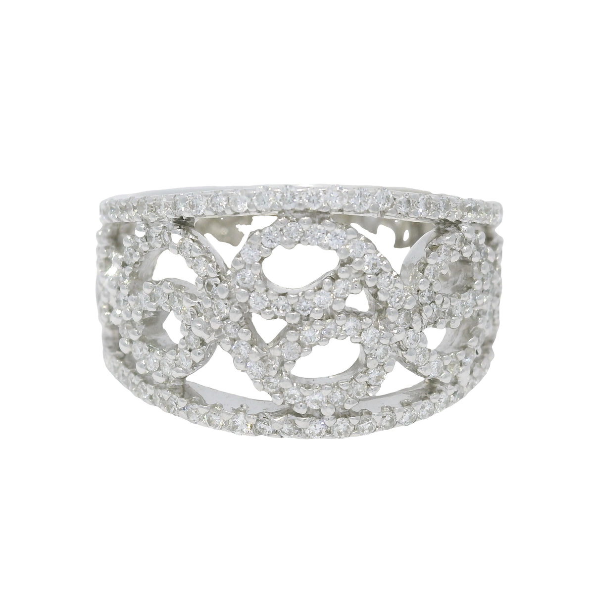 18K White Gold Natural Round Diamond Open Work Swirl Ring