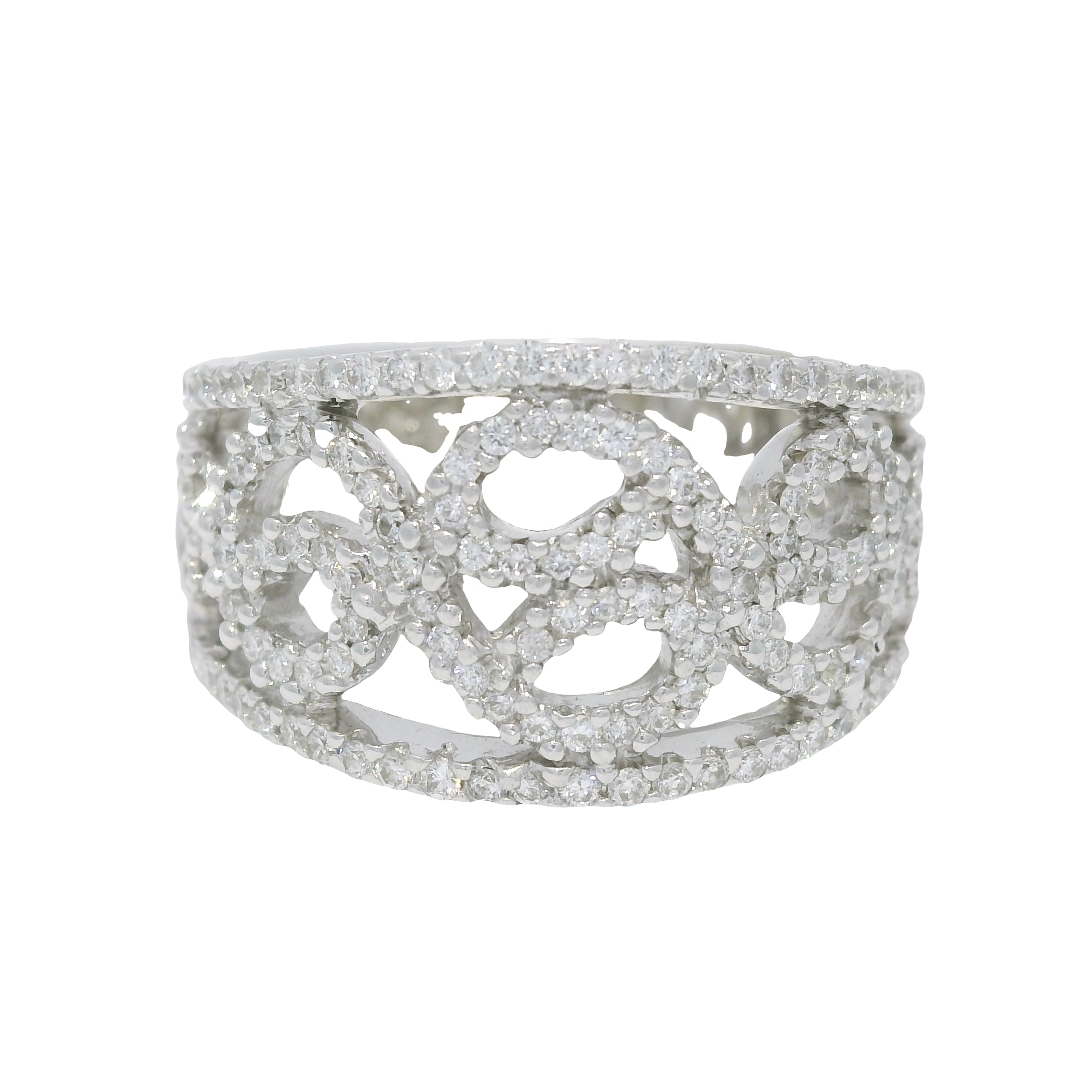 18K White Gold Natural Round Diamond Open Work Swirl Ring