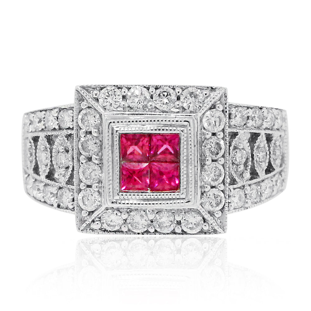 18k White Gold 0.12ctw Ruby and 0.76ctw Diamond Ring