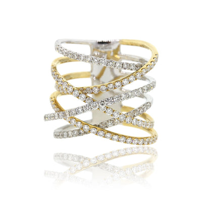 18k Two Tone 1.70ctw Diamond Multi Row Crossover Ring