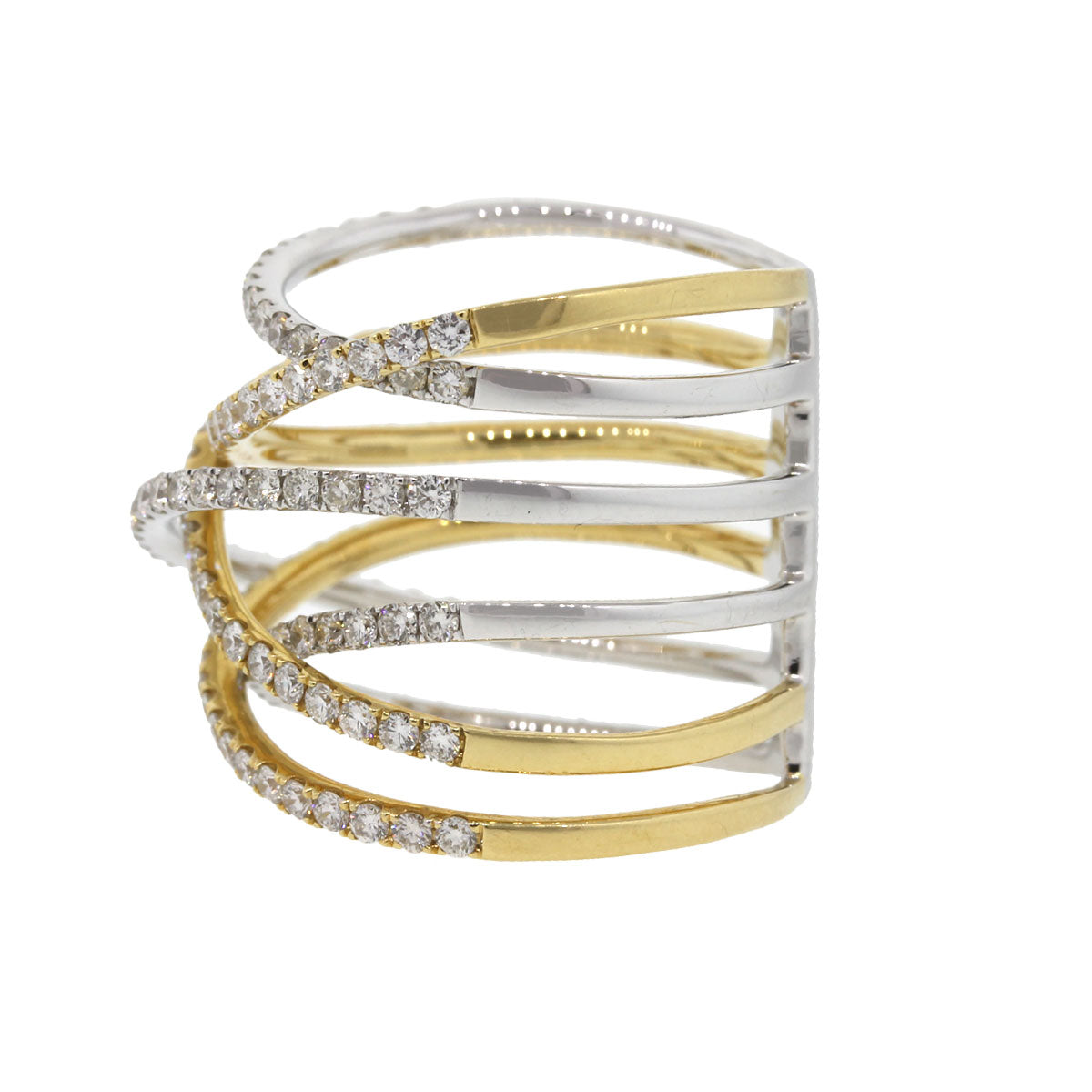 18k Two Tone 1.70ctw Diamond Multi Row Crossover Ring