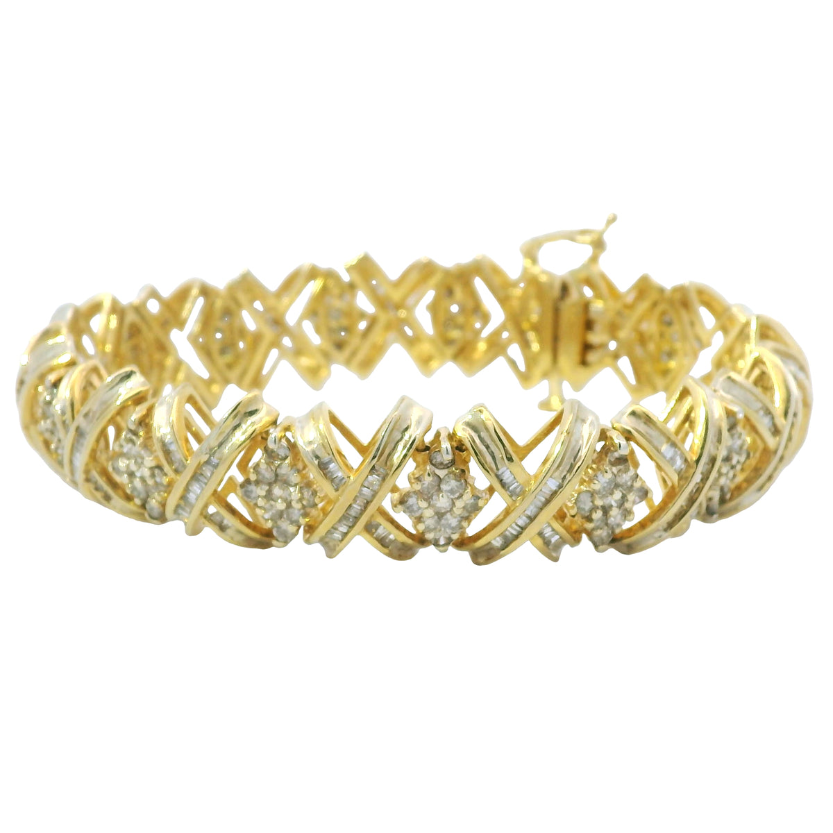 10K Yellow Gold Natural 8.10 Carat Round Diamond Wide X-Design Bracelet