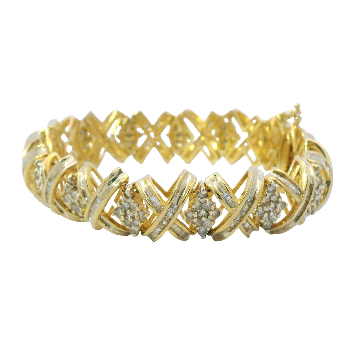 10K Yellow Gold Natural 8.10 Carat Round Diamond Wide X-Design Bracelet