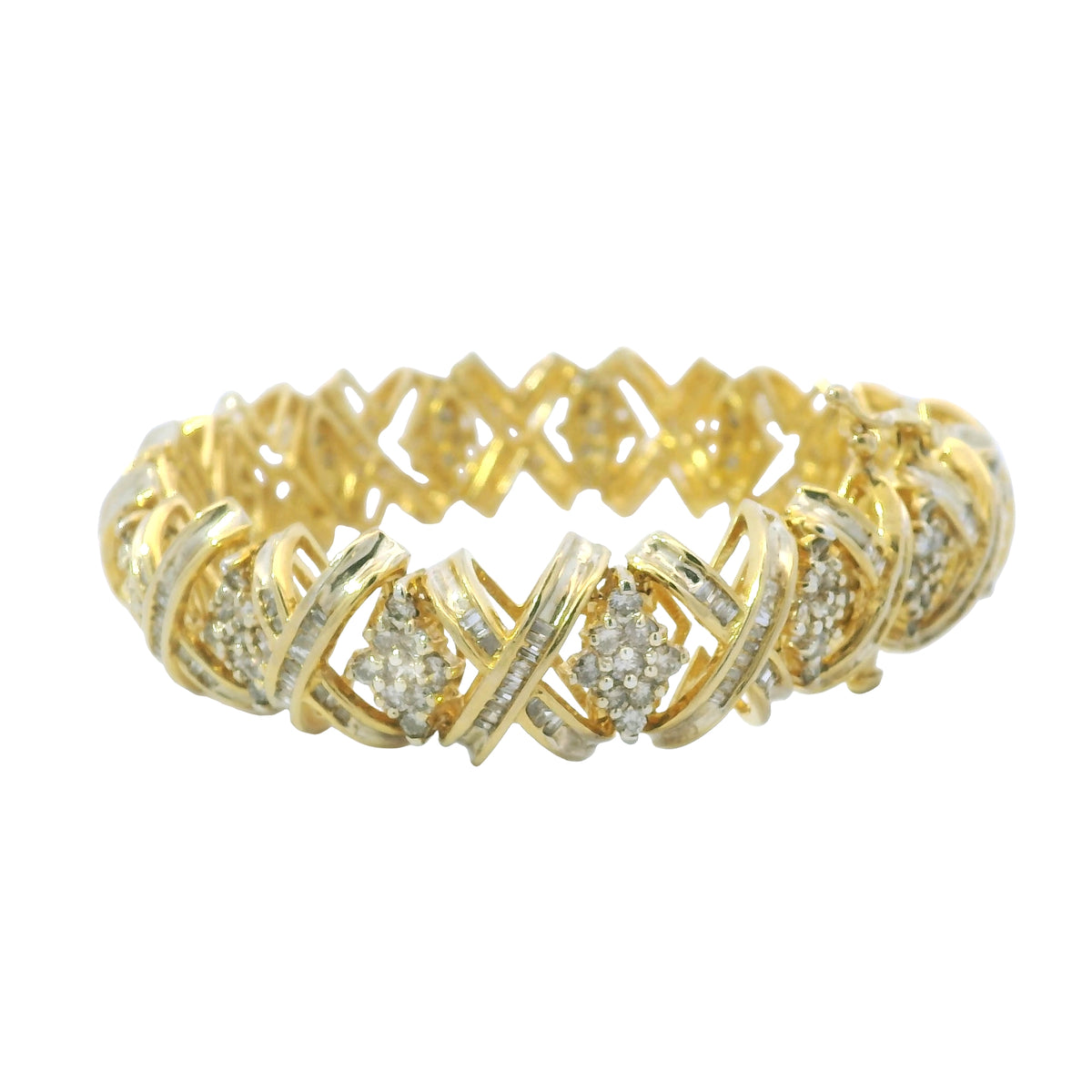 10K Yellow Gold Natural 8.10 Carat Round Diamond Wide X-Design Bracelet