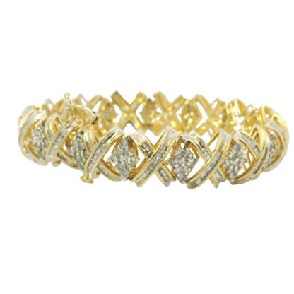 10K Yellow Gold Natural 8.10 Carat Round Diamond Wide X-Design Bracelet