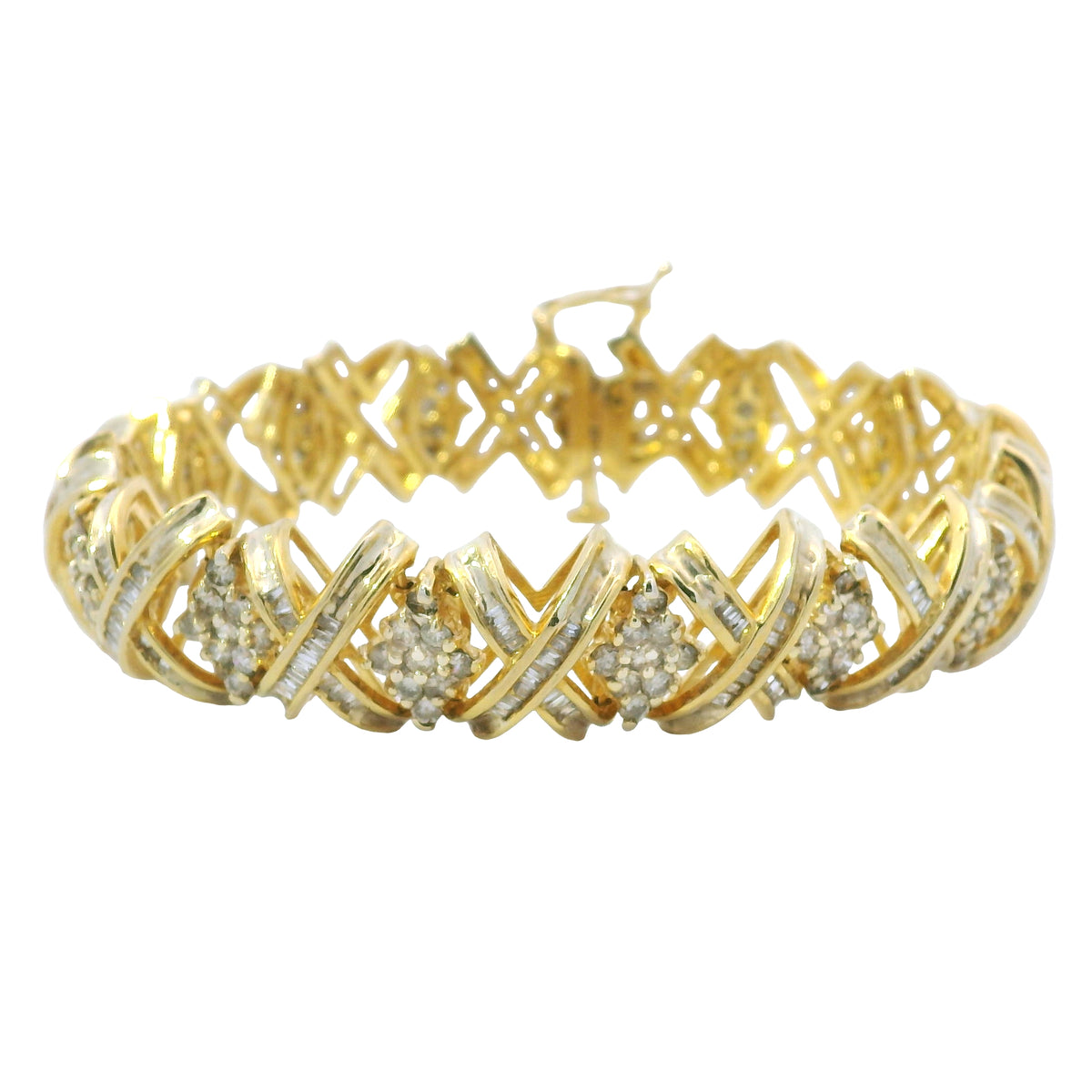 10K Yellow Gold Natural 8.10 Carat Round Diamond Wide X-Design Bracelet