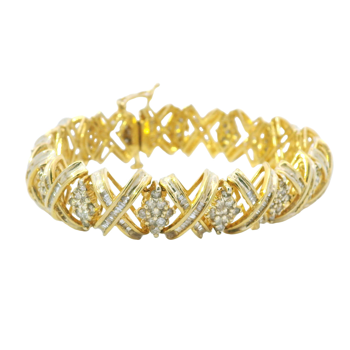 10K Yellow Gold Natural 8.10 Carat Round Diamond Wide X-Design Bracelet