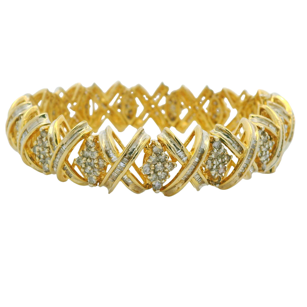 10K Yellow Gold Natural 8.10 Carat Round Diamond Wide X-Design Bracelet