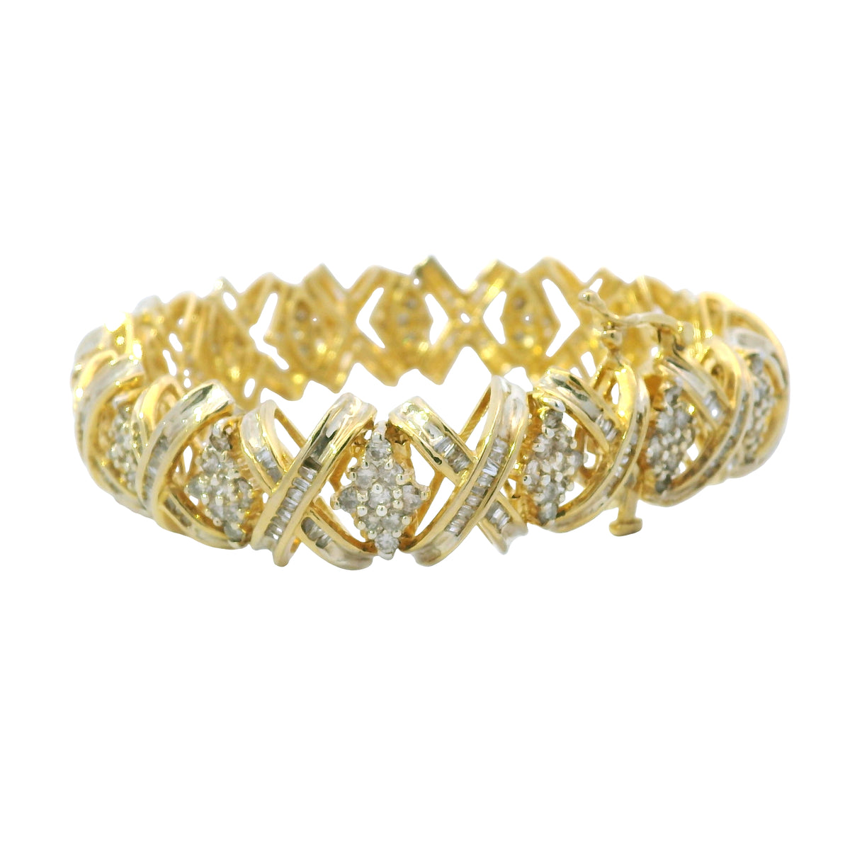 10K Yellow Gold Natural 8.10 Carat Round Diamond Wide X-Design Bracelet