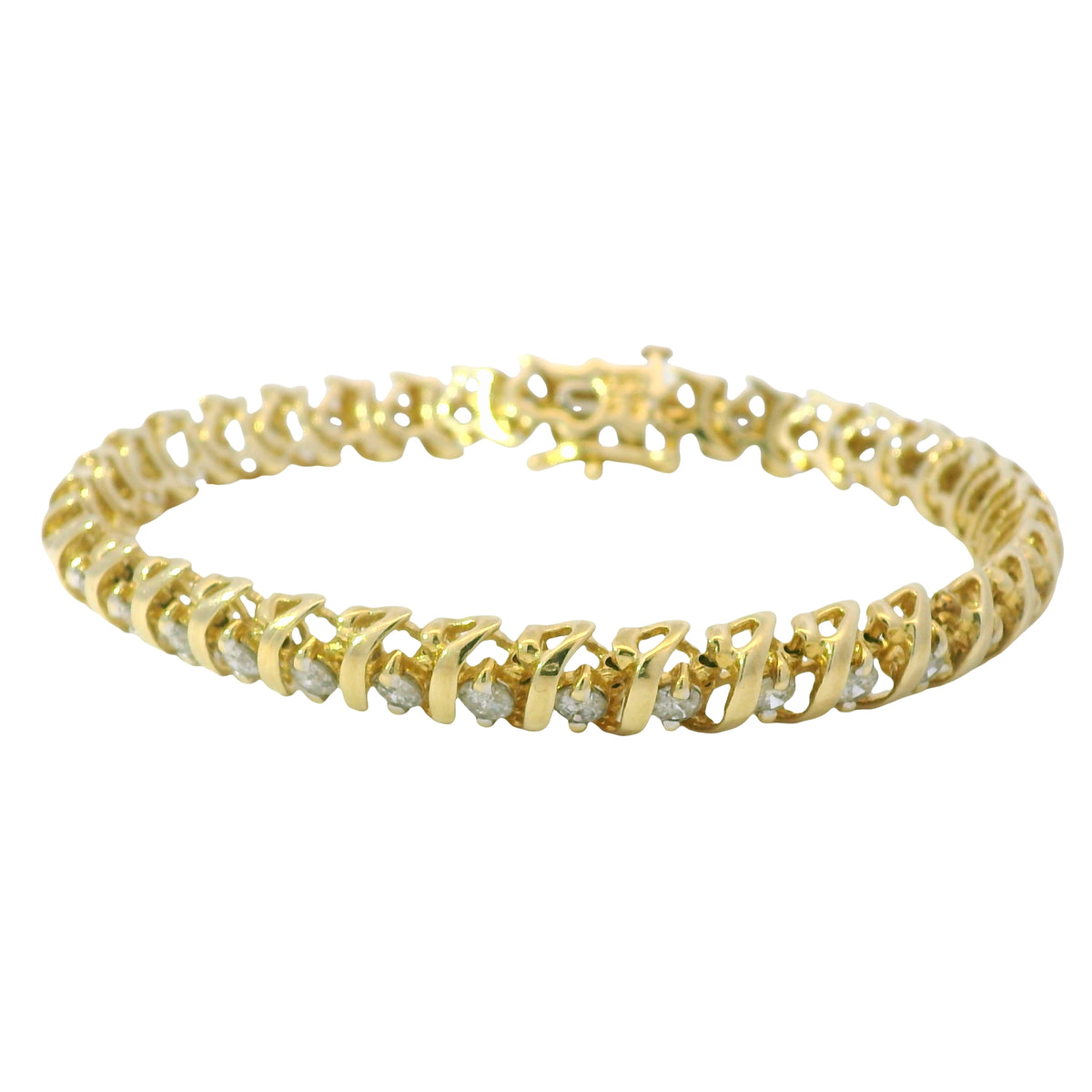 14K Yellow Gold Natural 3.50 Carat Round Diamond S-Style Tennis Bracelet