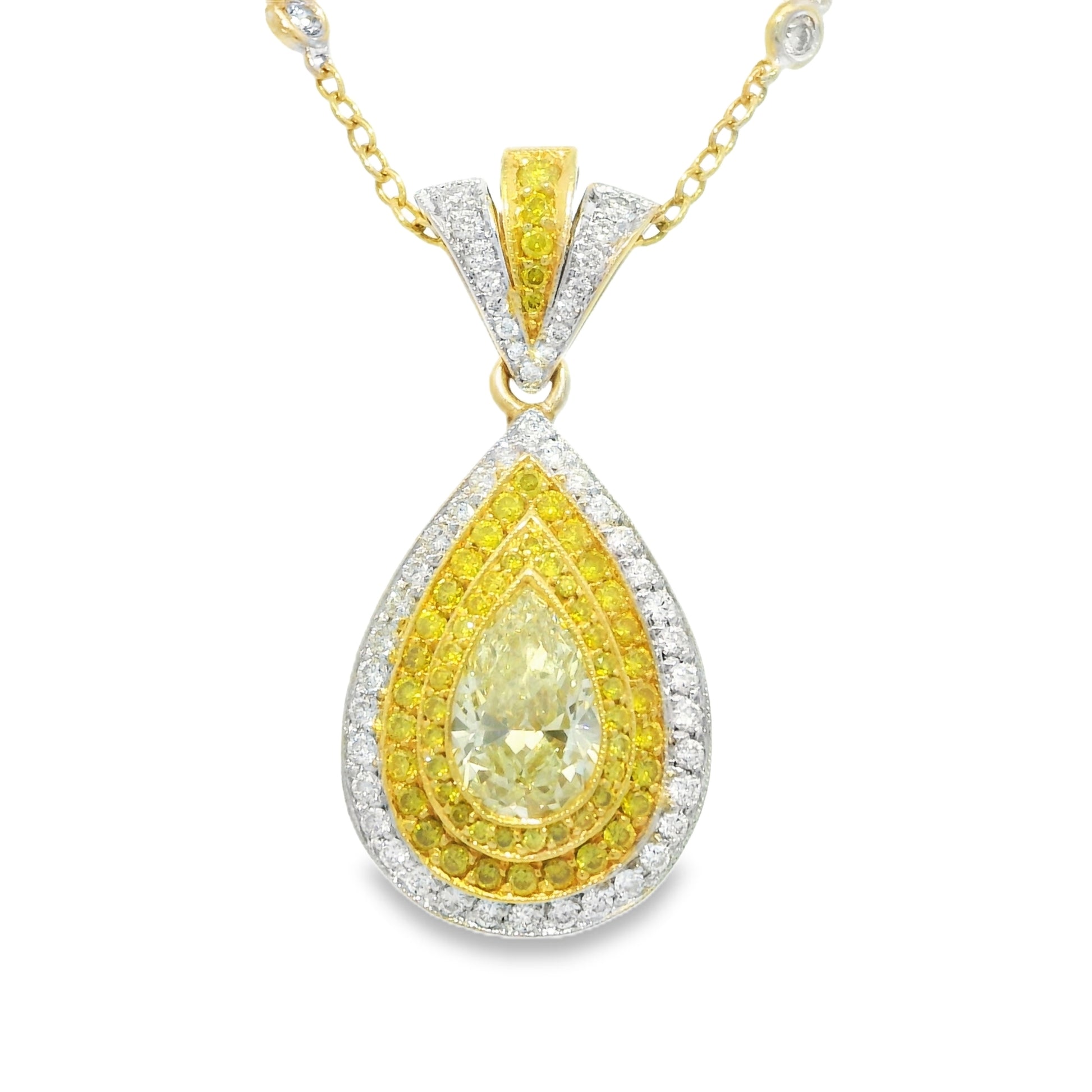 18k Two-Tone Gold Natural Yellow Diamond Halo Pave Pear Necklace