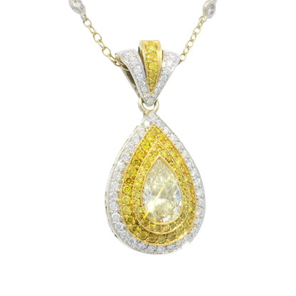 18k Two-Tone Gold Natural Yellow Diamond Halo Pave Pear Necklace