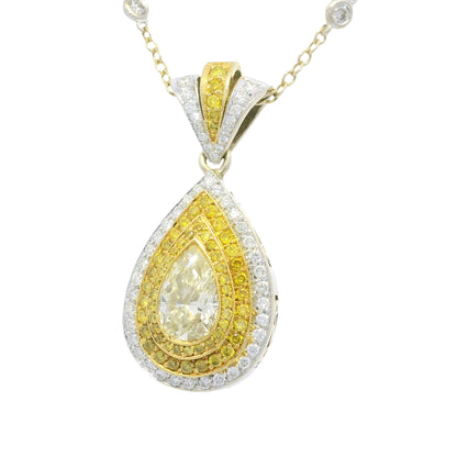 18k Two-Tone Gold Natural Yellow Diamond Halo Pave Pear Necklace