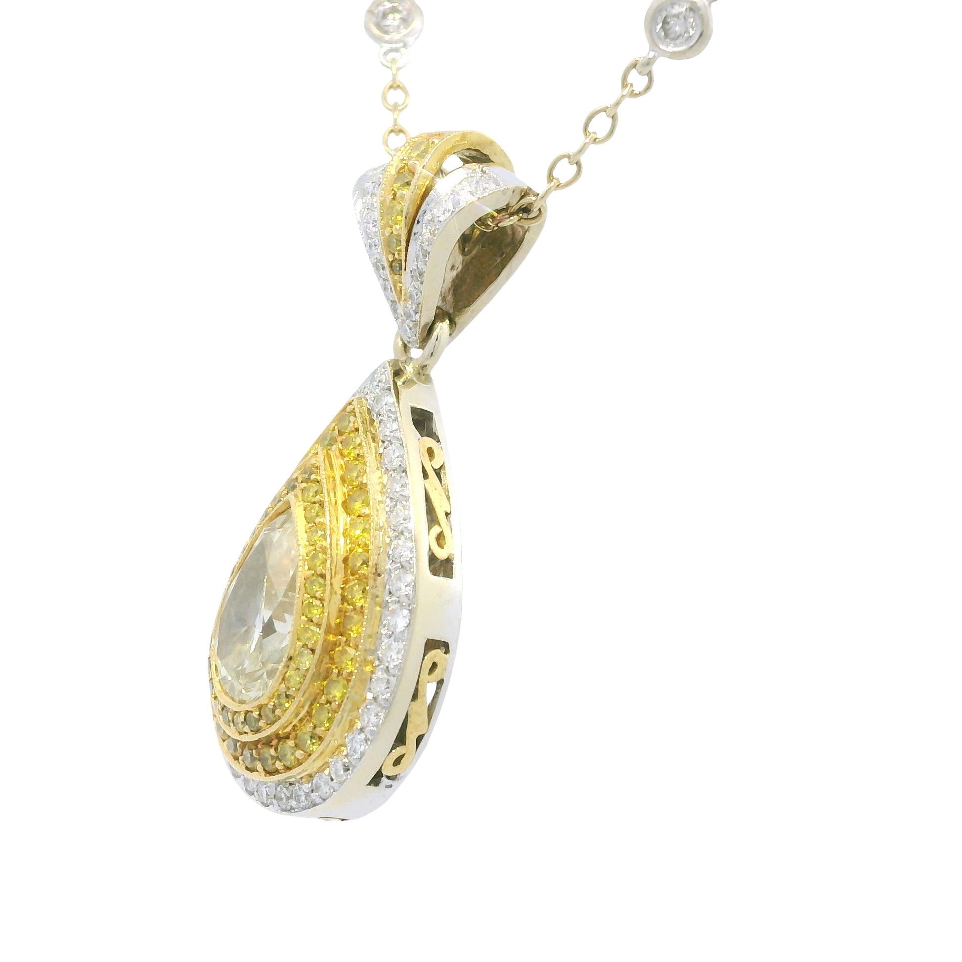 18k Two-Tone Gold Natural Yellow Diamond Halo Pave Pear Necklace