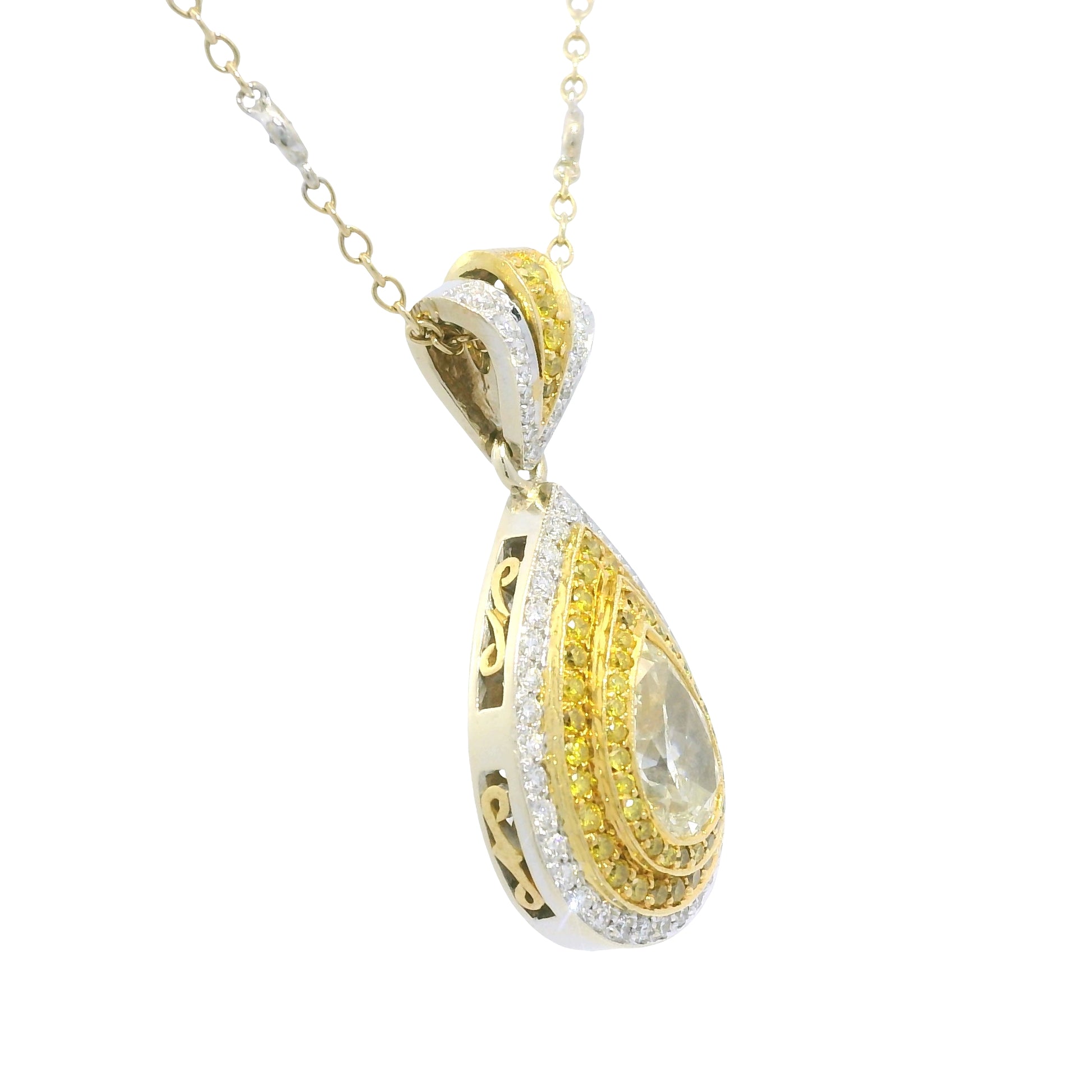 18k Two-Tone Gold Natural Yellow Diamond Halo Pave Pear Necklace