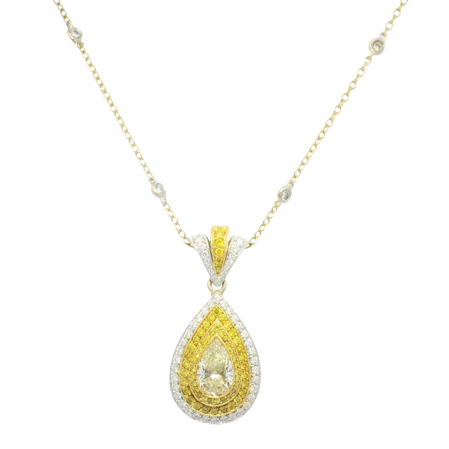 18k Two-Tone Gold Natural Yellow Diamond Halo Pave Pear Necklace