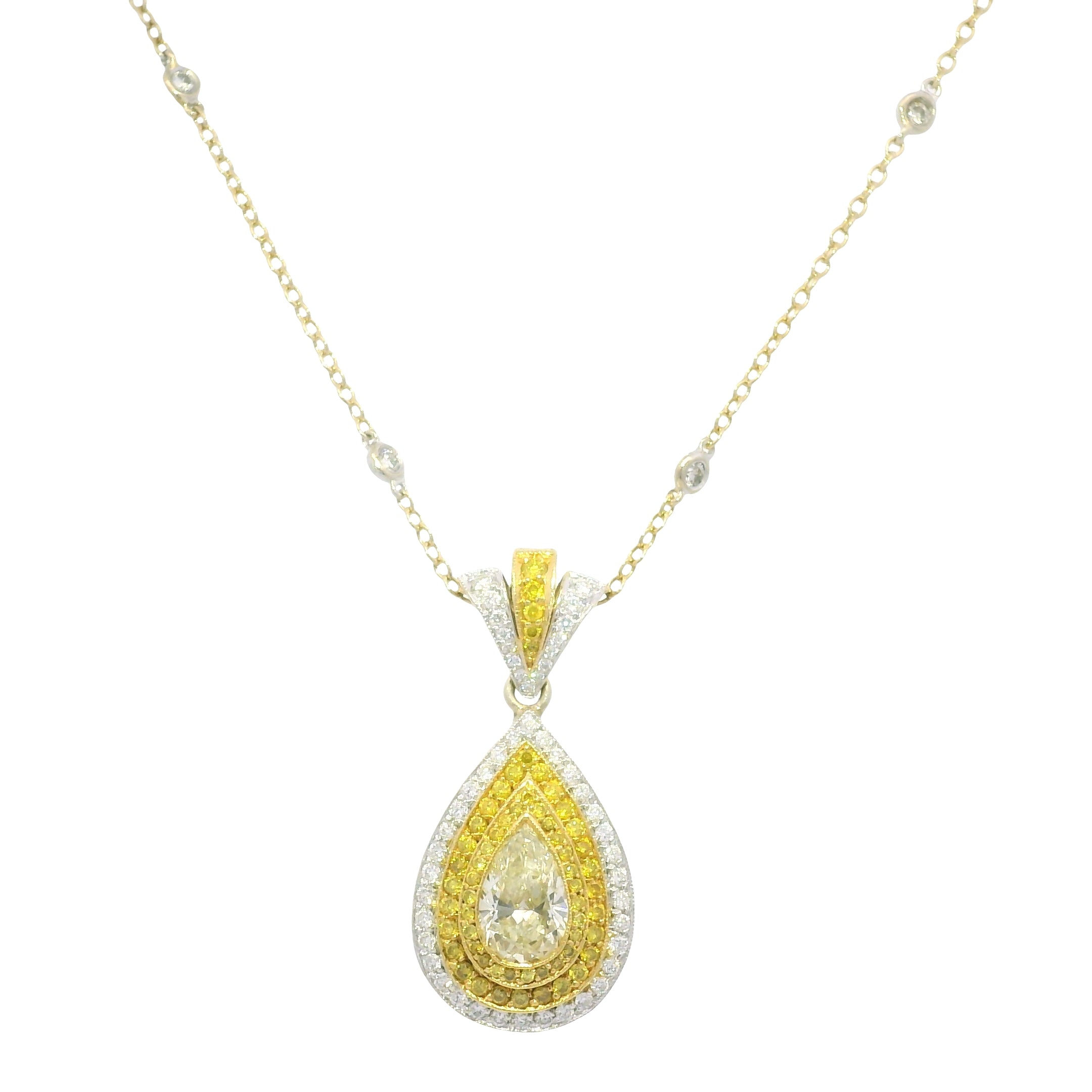 18k Two-Tone Gold Natural Yellow Diamond Halo Pave Pear Necklace