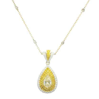 18k Two-Tone Gold Natural Yellow Diamond Halo Pave Pear Necklace