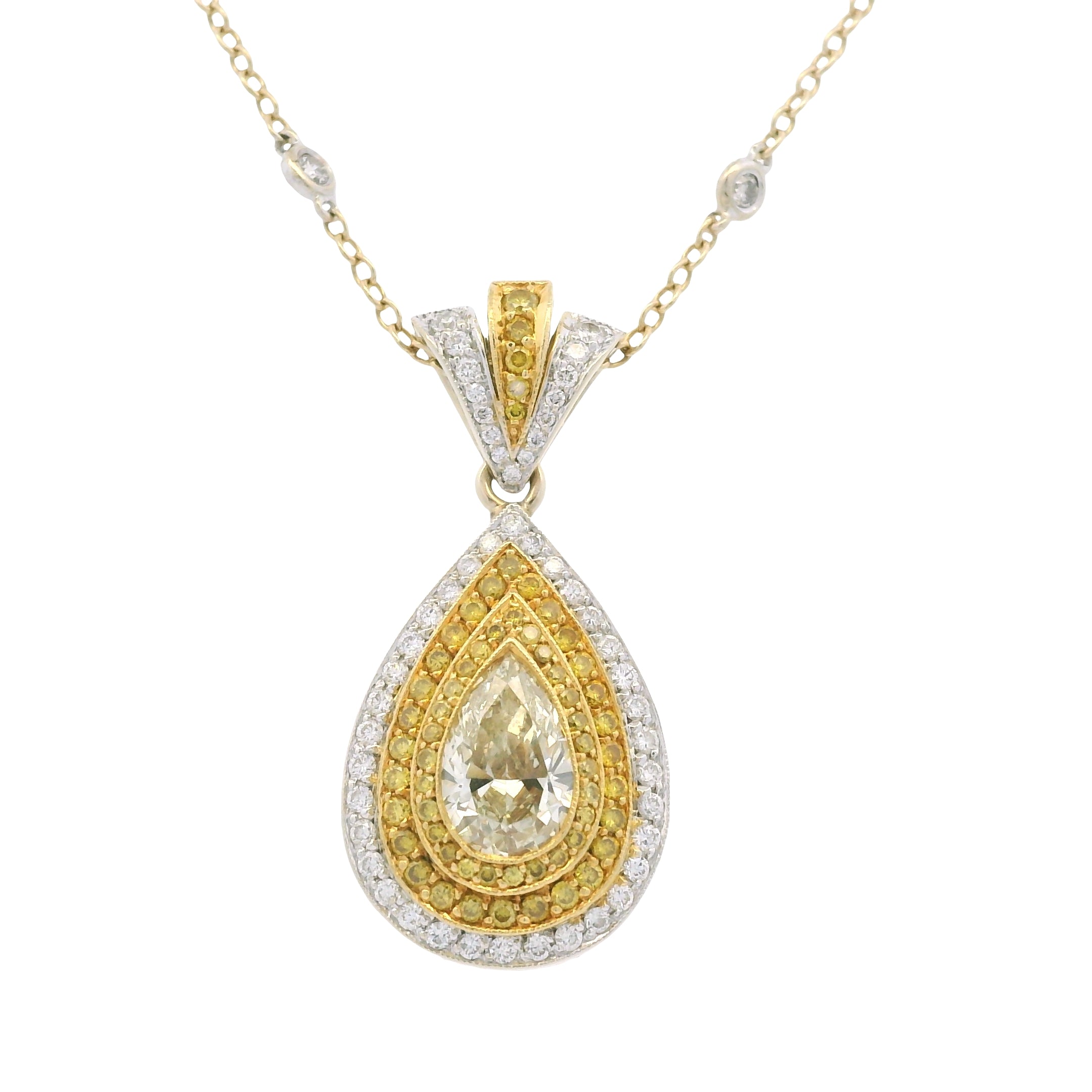 18k Two-Tone Gold Natural Yellow Diamond Halo Pave Pear Necklace
