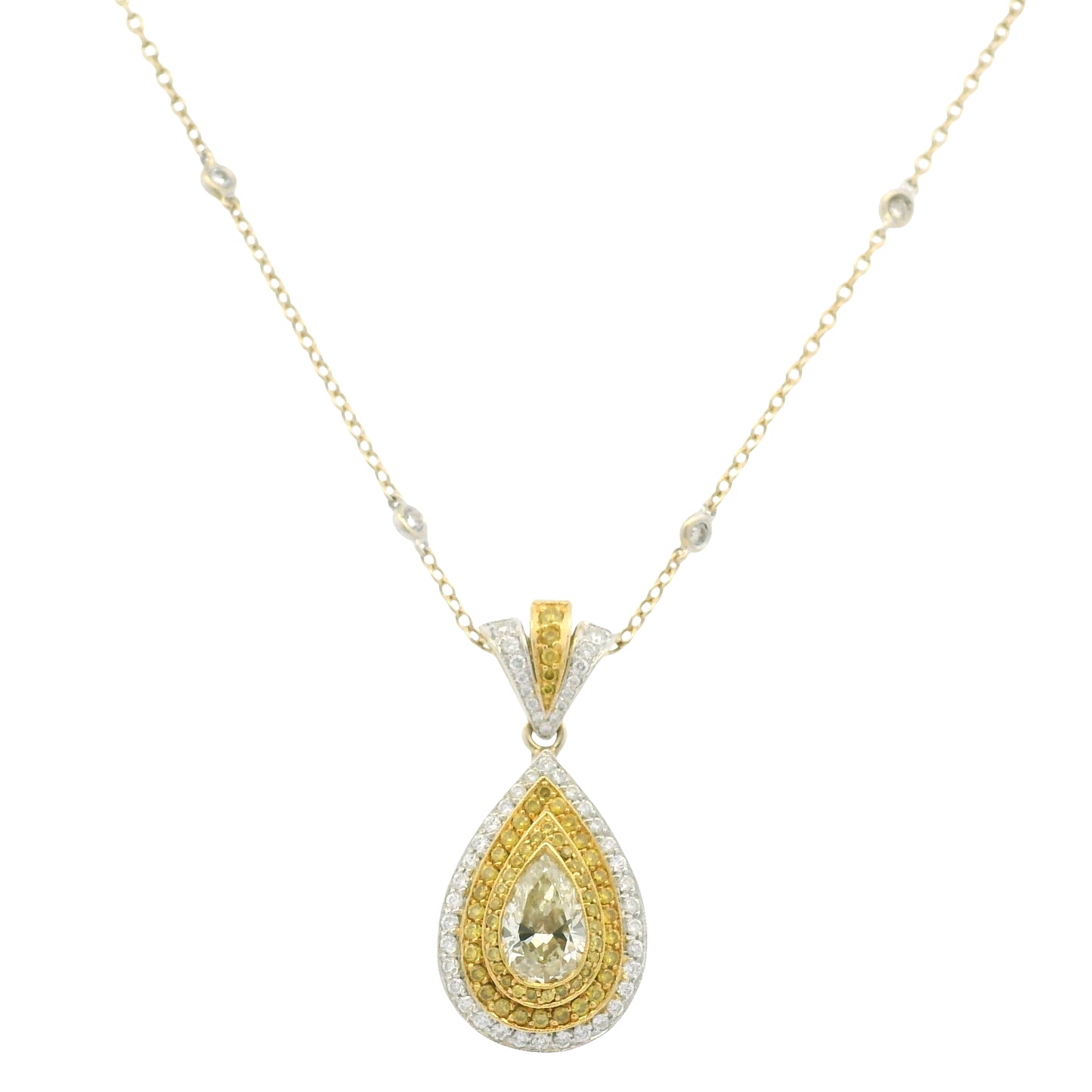 18k Two-Tone Gold Natural Yellow Diamond Halo Pave Pear Necklace
