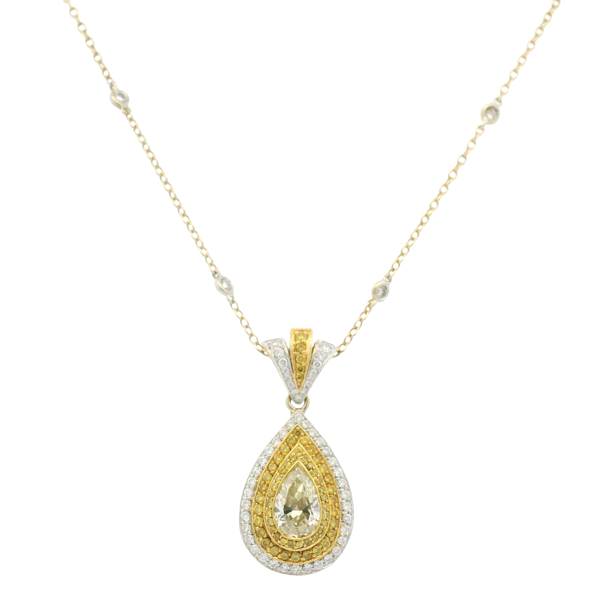 18k Two-Tone Gold Natural Yellow Diamond Halo Pave Pear Necklace