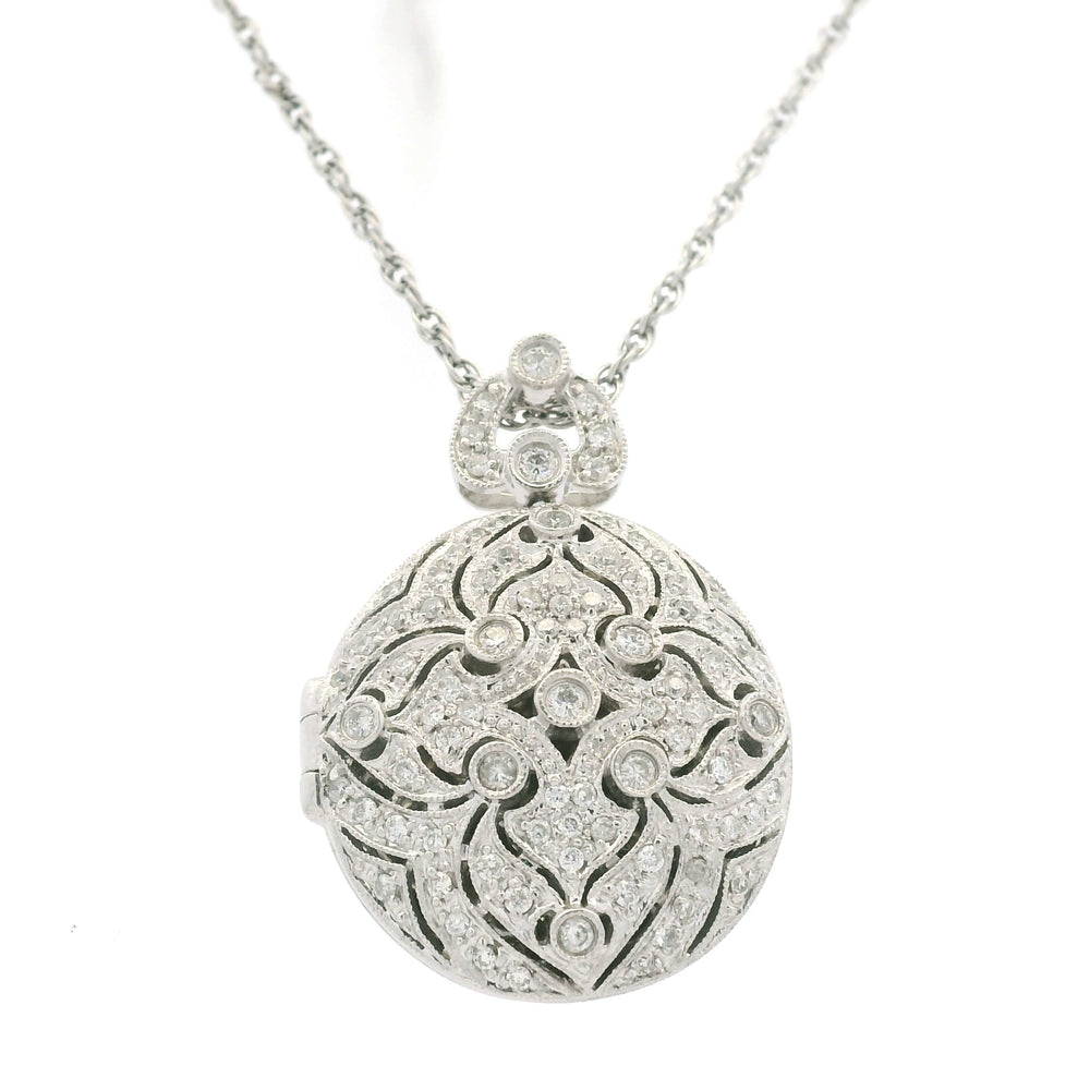 14K White Gold Natural Round Diamond Oval Shape Locket Necklace — product photo 1