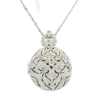 14K White Gold Natural Round Diamond Oval Shape Locket Necklace