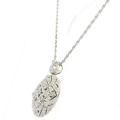 14K White Gold Natural Round Diamond Oval Shape Locket Necklace
