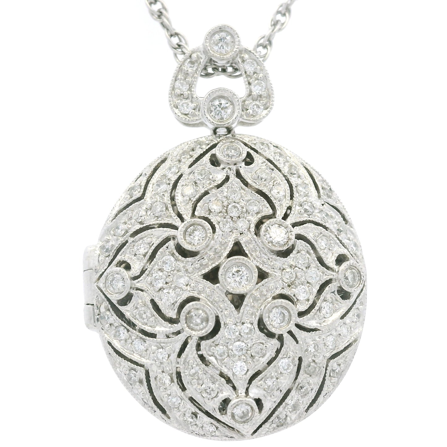 14K White Gold Natural Round Diamond Oval Shape Locket Necklace