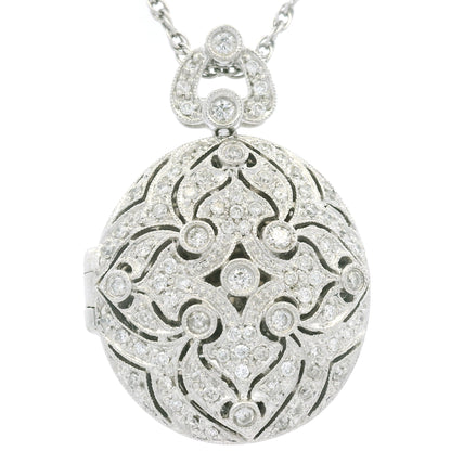 14K White Gold Natural Round Diamond Oval Shape Locket Necklace