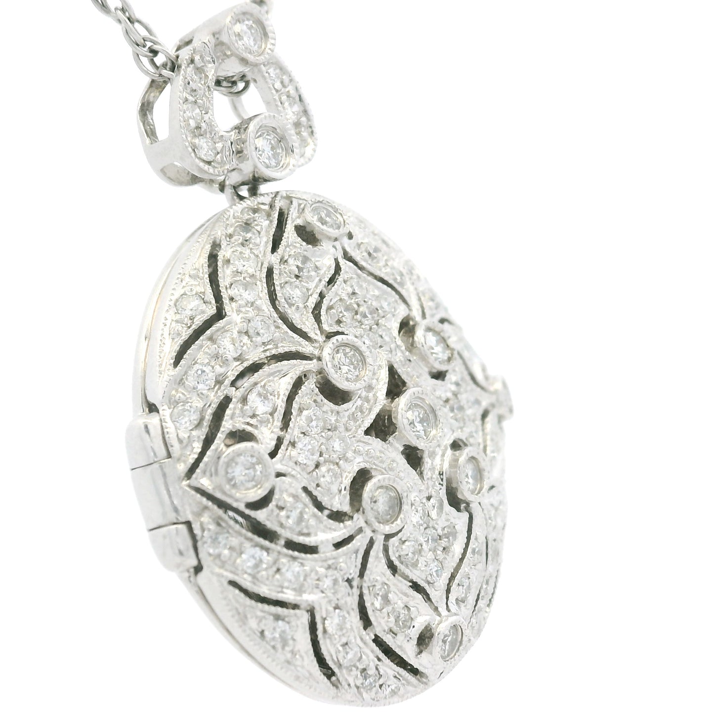 14K White Gold Natural Round Diamond Oval Shape Locket Necklace