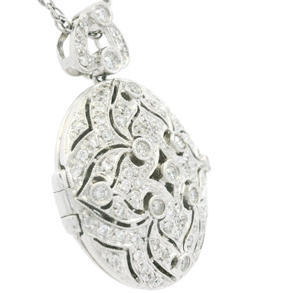 14K White Gold Natural Round Diamond Oval Shape Locket Necklace