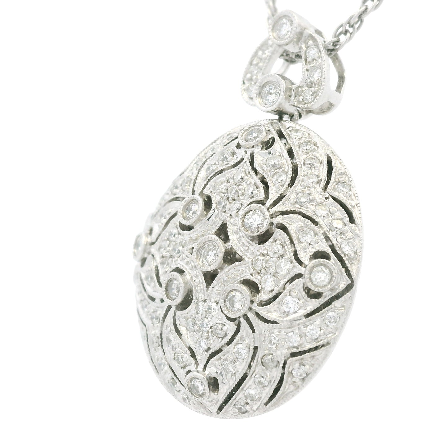 14K White Gold Natural Round Diamond Oval Shape Locket Necklace