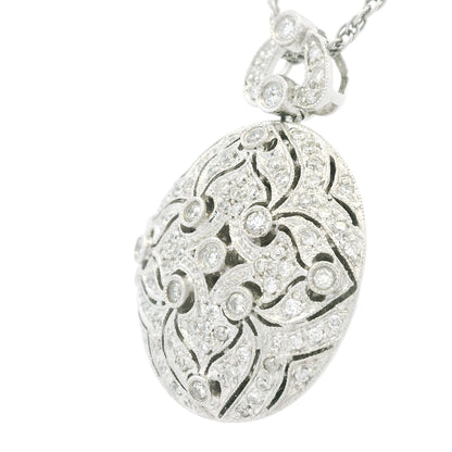 14K White Gold Natural Round Diamond Oval Shape Locket Necklace