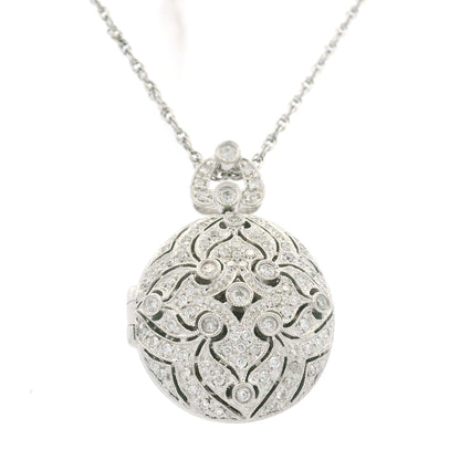 14K White Gold Natural Round Diamond Oval Shape Locket Necklace