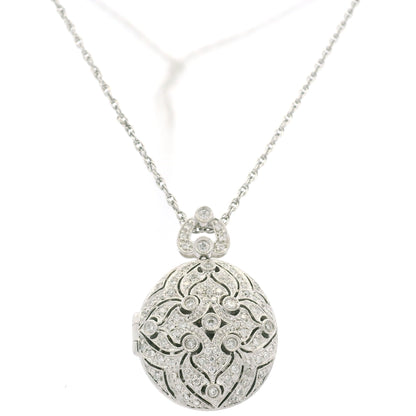 14K White Gold Natural Round Diamond Oval Shape Locket Necklace