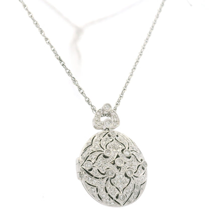 14K White Gold Natural Round Diamond Oval Shape Locket Necklace