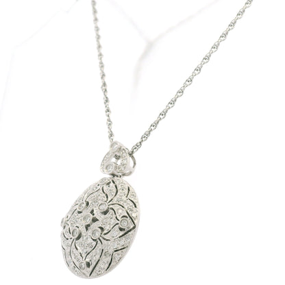 14K White Gold Natural Round Diamond Oval Shape Locket Necklace