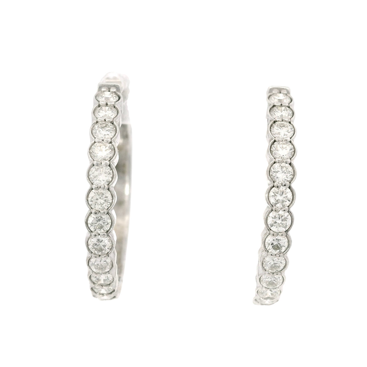 14K White Gold Natural 1.15 Carat Round Brilliant Diamond Bezel Set Hoop Earrings