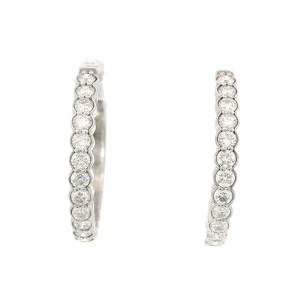 14K White Gold Natural 1.15 Carat Round Brilliant Diamond Bezel Set Hoop Earrings