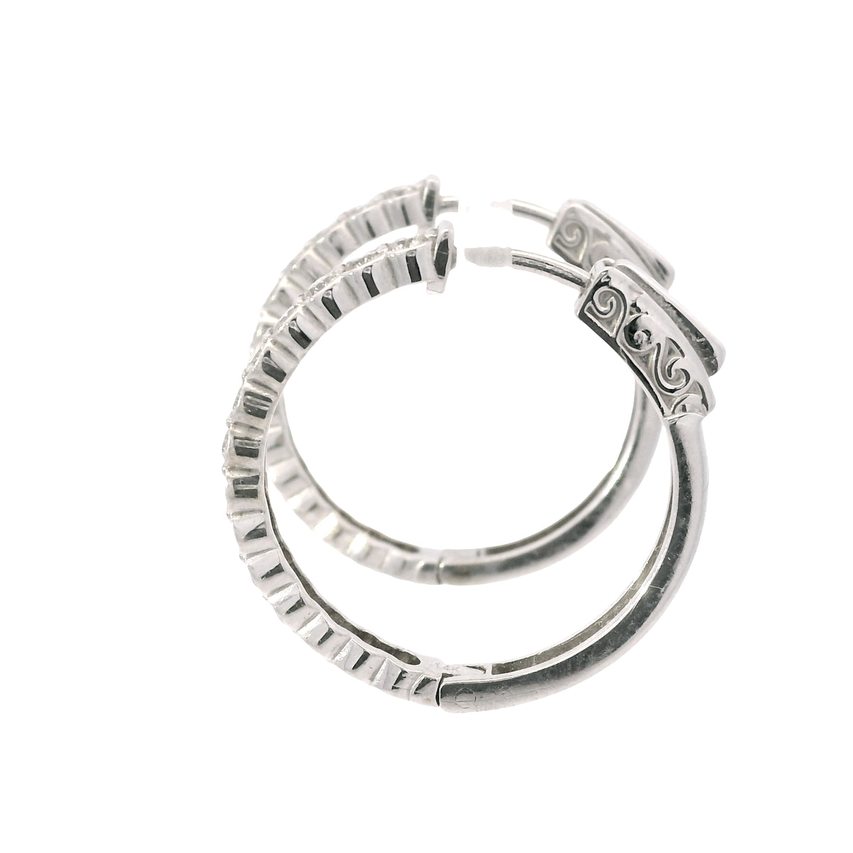 14K White Gold Natural 1.15 Carat Round Brilliant Diamond Bezel Set Hoop Earrings