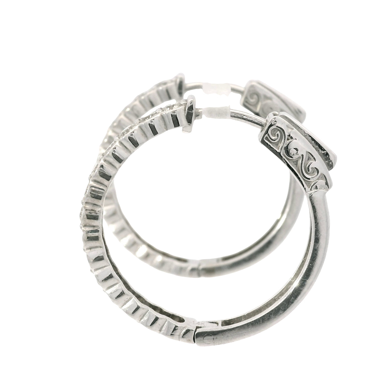14K White Gold Natural 1.15 Carat Round Brilliant Diamond Bezel Set Hoop Earrings
