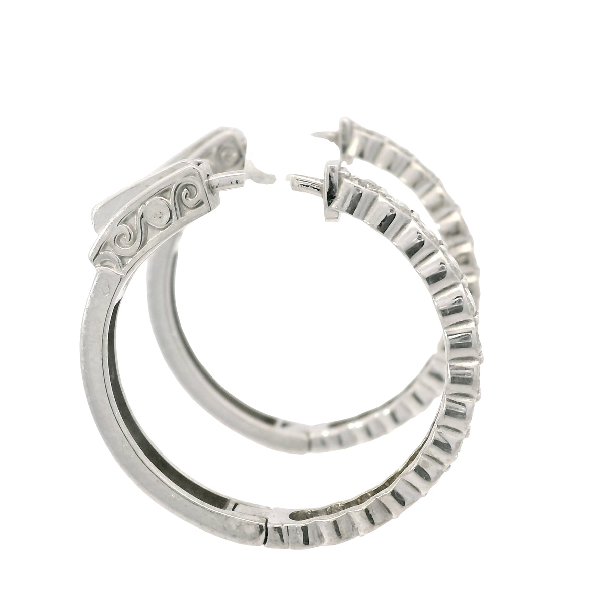 14K White Gold Natural 1.15 Carat Round Brilliant Diamond Bezel Set Hoop Earrings
