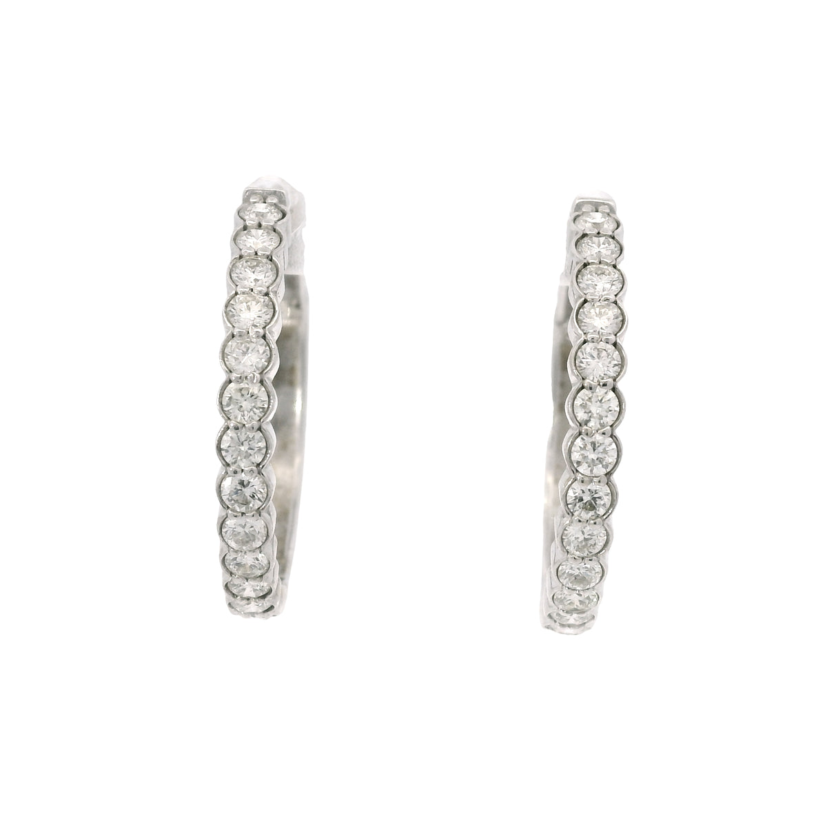 14K White Gold Natural 1.15 Carat Round Brilliant Diamond Bezel Set Hoop Earrings