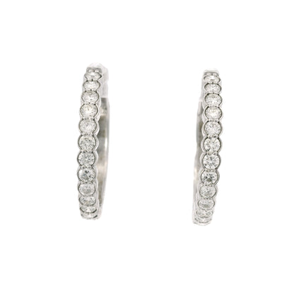 14K White Gold Natural 1.15 Carat Round Brilliant Diamond Bezel Set Hoop Earrings