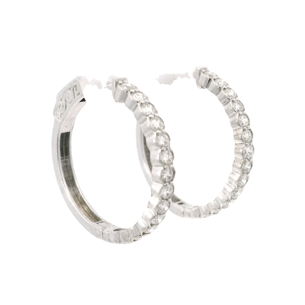 14K White Gold Natural 1.15 Carat Round Brilliant Diamond Bezel Set Hoop Earrings