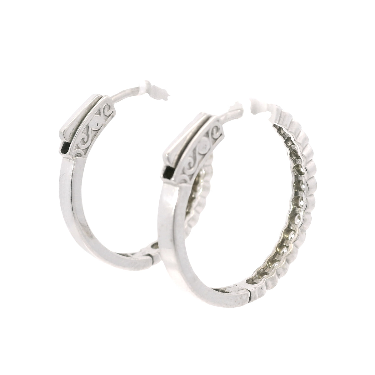 14K White Gold Natural 1.15 Carat Round Brilliant Diamond Bezel Set Hoop Earrings